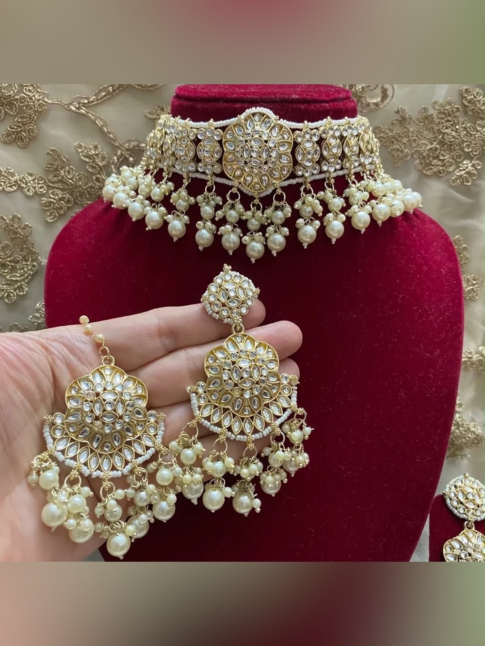 Gold and Pearl Choker Necklace Set with Matching Earrings